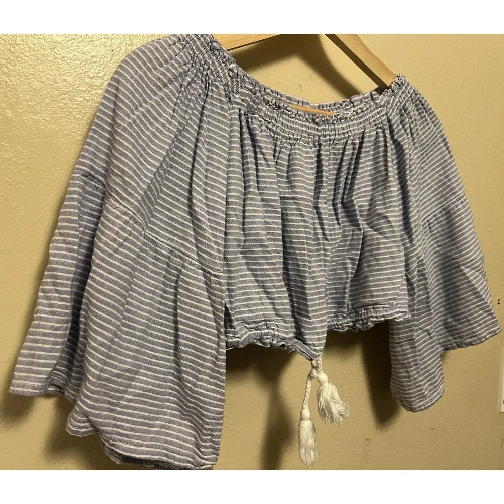 Olympic Gregory Grigoropoulos Blue White Stripe Crop‎ Peasant Blouse Top Greece